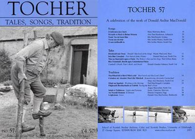image of a blue pamphlet cover titled tocher: tales, songs, tradition: number 57. the cover depicts black and white images of a man in traditional rural scottish garb and setting. he is using sticks as stilts.